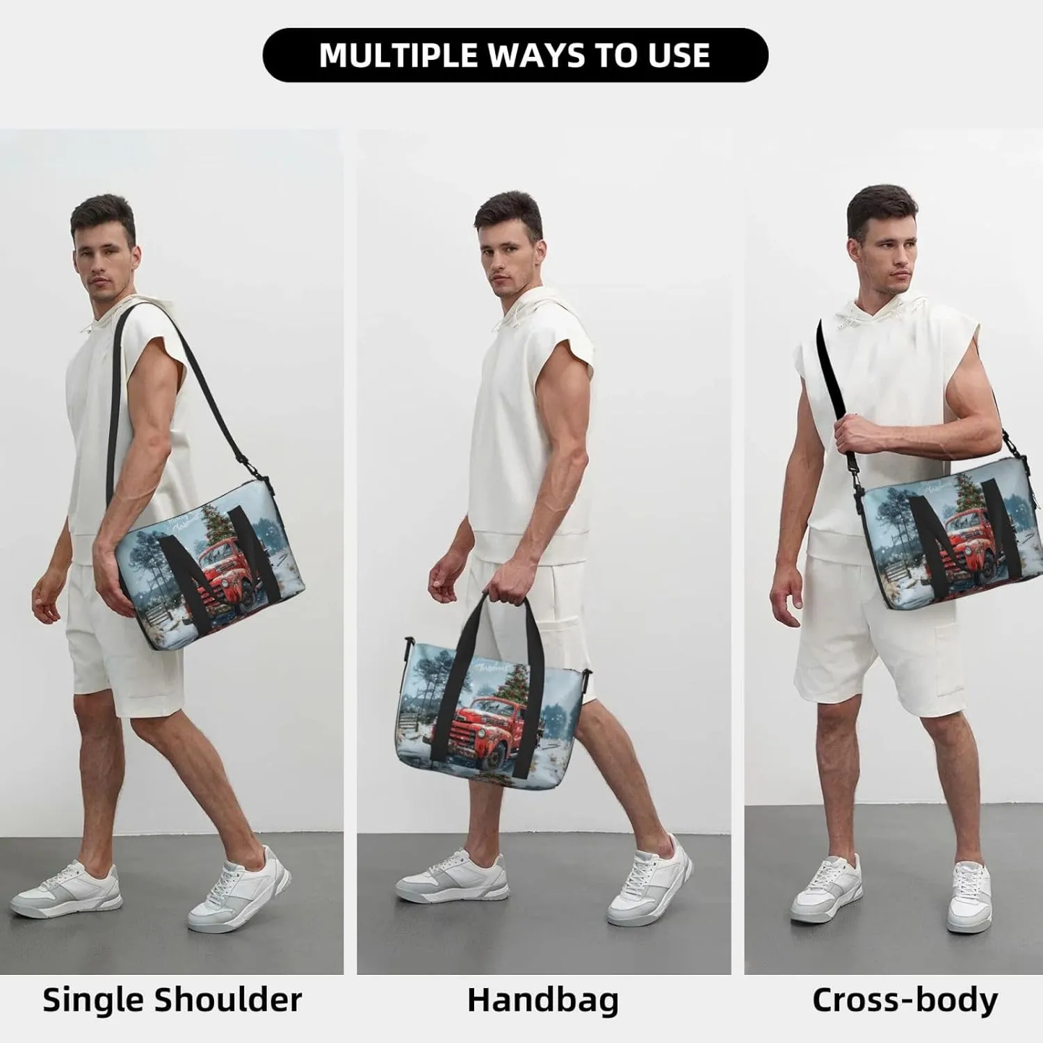 Christmas vintage truck print Travel Duffel Bag, Sports Tote Gym Bag, Swim Pool Bag Large Shoulder Tote Bag for Beach Weekender