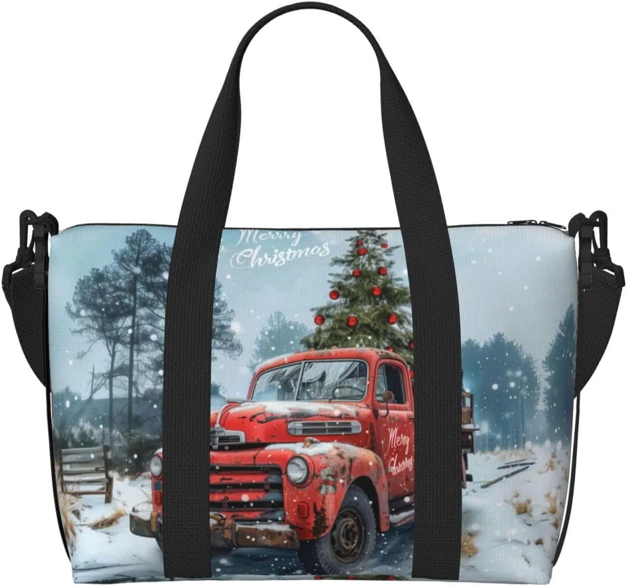 Christmas vintage truck print Travel Duffel Bag, Sports Tote Gym Bag, Swim Pool Bag Large Shoulder Tote Bag for Beach Weekender