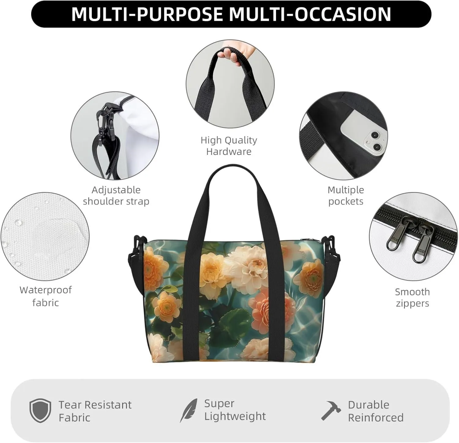 chrysanthemums art print Travel Duffel Bag, Sports Tote Gym Bag, Swim Pool Bag Large Shoulder Tote Bag for Beach Weekender