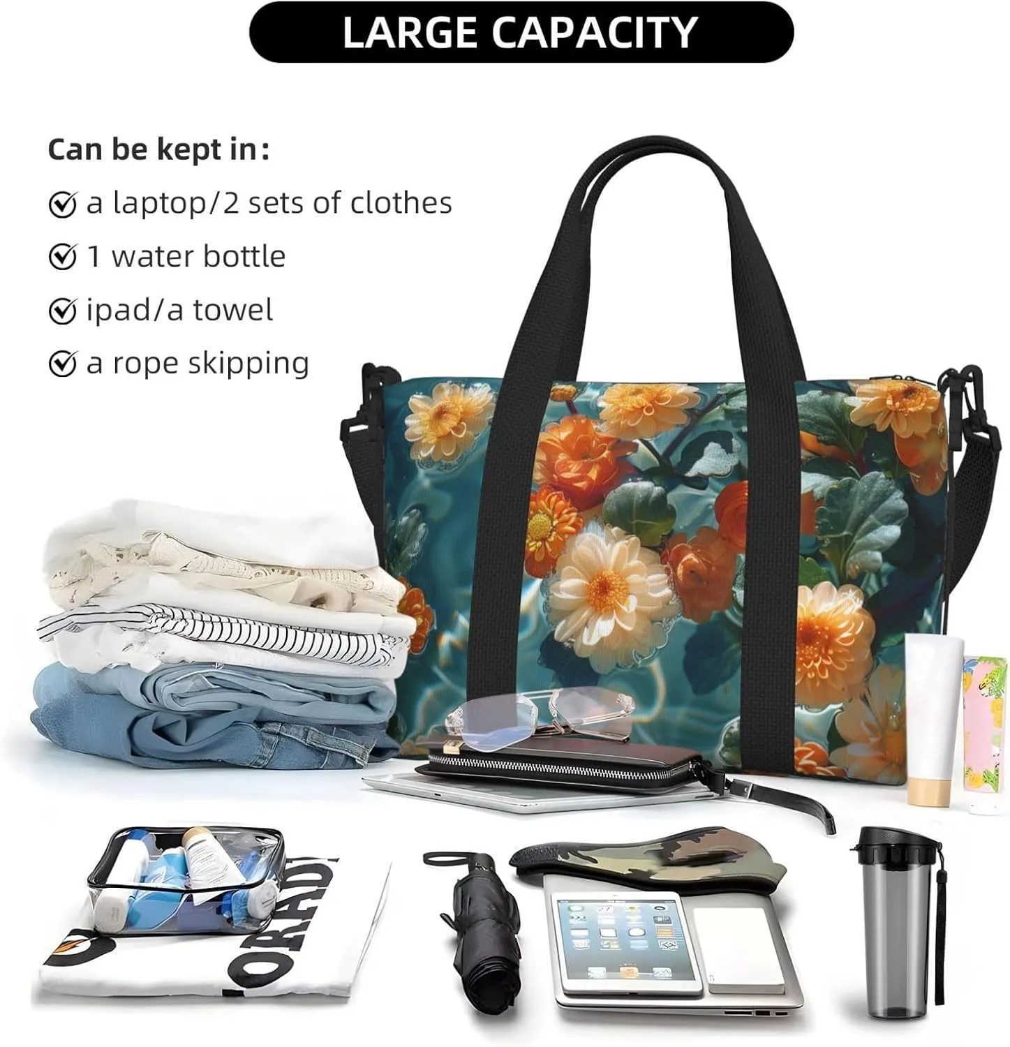 chrysanthemums floating print Travel Duffel Bag, Sports Tote Gym Bag, Swim Pool Bag Large Shoulder Tote Bag for Beach Weekender