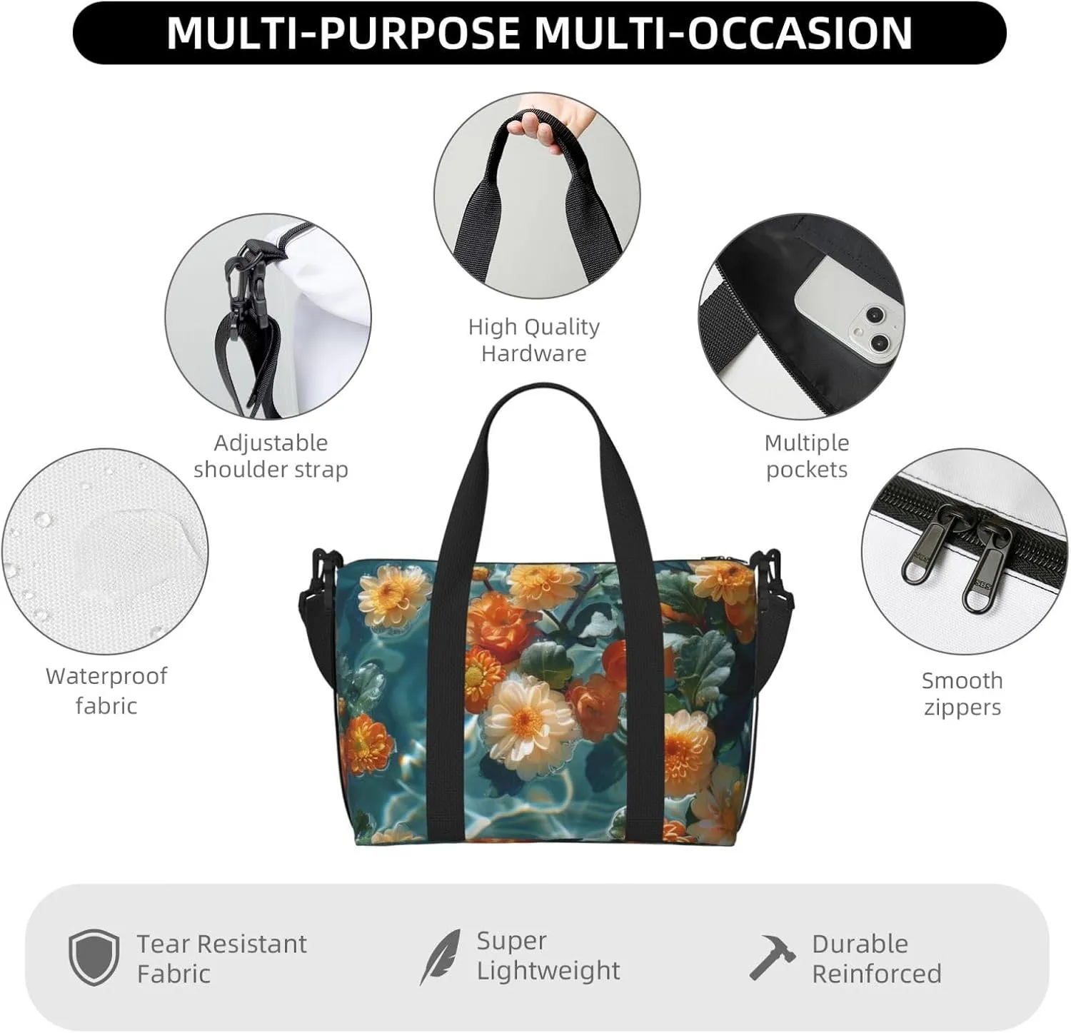 chrysanthemums floating print Travel Duffel Bag, Sports Tote Gym Bag, Swim Pool Bag Large Shoulder Tote Bag for Beach Weekender