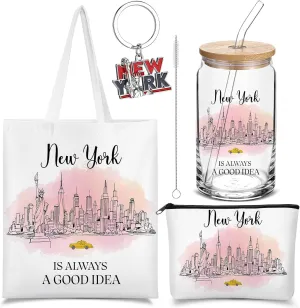 Chuangdi 4 Pcs New York Travel Gifts Set Canvas Bag Cosmetic Bag 16 oz Tumbler and Keychain New York City Souvenirs Gifts for Traveler Friend Lover Sister