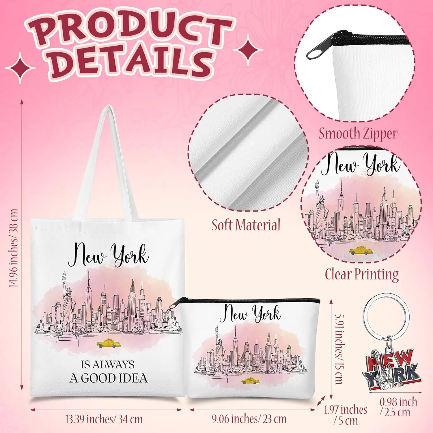 Chuangdi 4 Pcs New York Travel Gifts Set Canvas Bag Cosmetic Bag 16 oz Tumbler and Keychain New York City Souvenirs Gifts for Traveler Friend Lover Sister