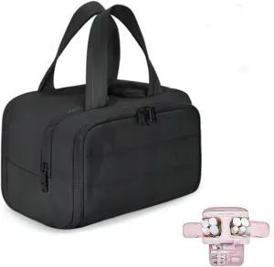 Circulatne Travel Cosmetic Bag, Circulatne Large Capacity Wide-Open Travel Cosmetic Bag, Waterproof Portable Pouch Open Flat Toiletry Bags for Women With Divider And Handle (Black)