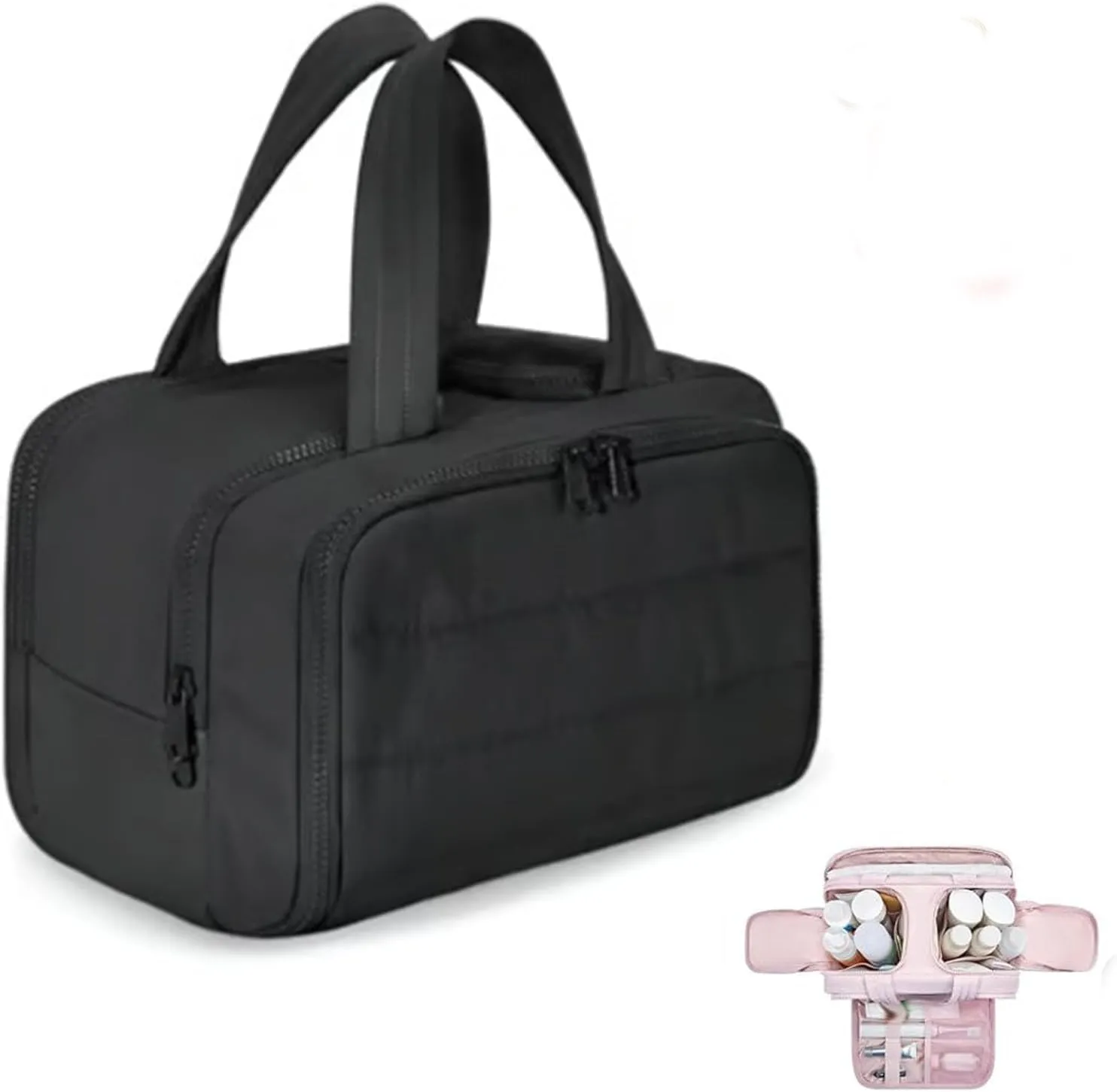 Circulatne Travel Cosmetic Bag, Circulatne Large Capacity Wide-Open Travel Cosmetic Bag, Waterproof Portable Pouch Open Flat Toiletry Bags for Women With Divider And Handle (Black)