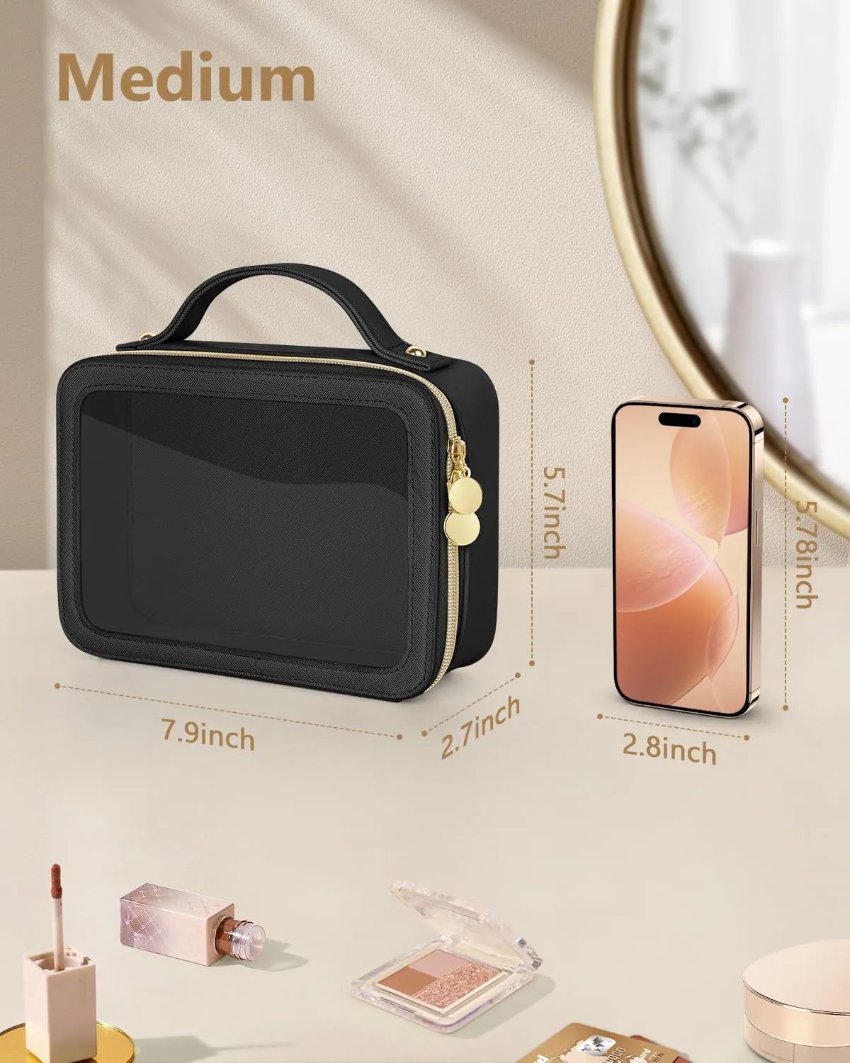 Clear Makeup Bag, Portable Travel Cosmetic Bags, Multipurpose Leather Toiletry Bag with Zipper, Waterproof Transparent Cosmetic Organizer for Women, Medium, Black