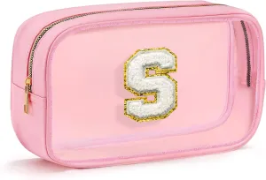Clear Makeup Bag - Travel Toiletry Bag for Women, Small Cosmetic Bag Portable Waterproof Makeup Kit | Birthday Gifts for Women Travel Essentials (Pink Letter S)