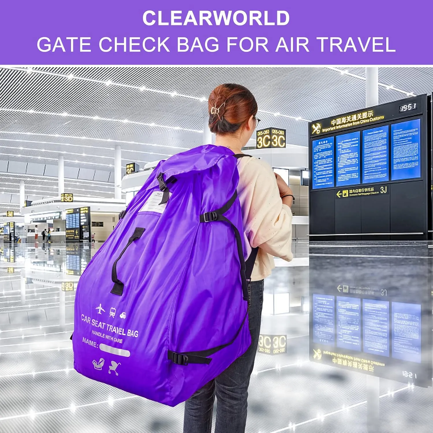 Clearworld Car Seat Travel Bag for Air Travel, Durable Gate Check Bag for Airport,Foldable Baby Stroller Travel Carry Bag, Fits Car Seats, Infant Carriers & Booster,Universal Size(Purple)