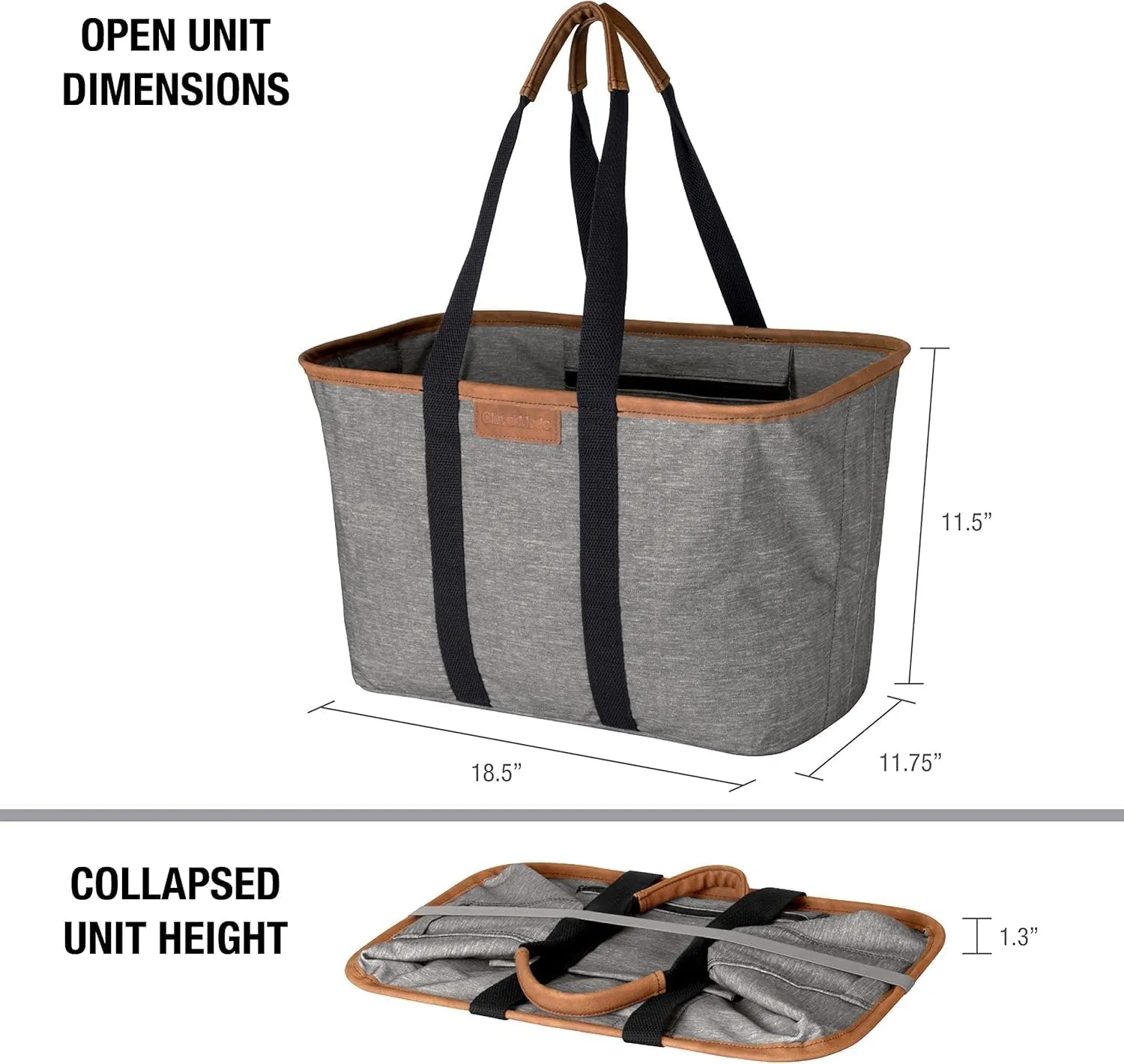 CleverMade Collapsible LUXE Tote - Gray Black 1 Pack 30L / 8Gal - Reusable Utility Grocery Shopping Storage Bag Organizer w/ Handles Reinforced Bottom
