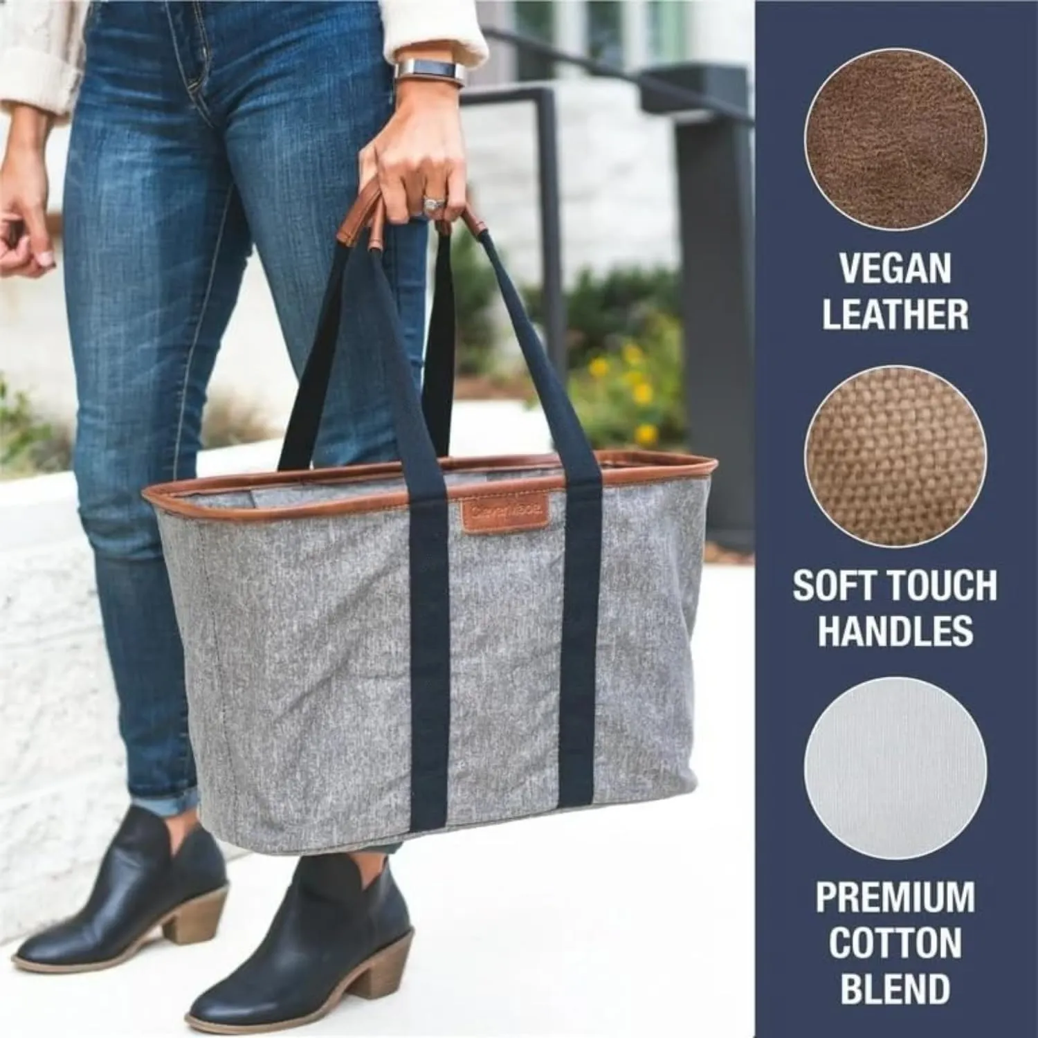CleverMade Collapsible LUXE Tote - Gray Black 1 Pack 30L / 8Gal - Reusable Utility Grocery Shopping Storage Bag Organizer w/ Handles Reinforced Bottom
