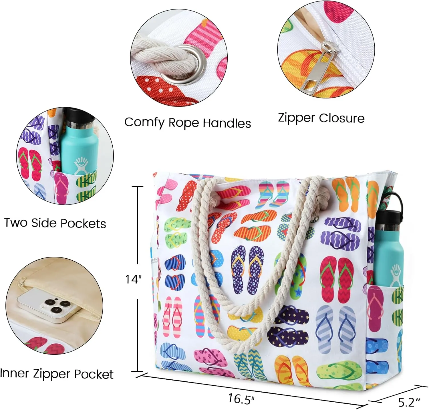 Clothirily Beach Bag for Women - Large Beach Tote Bag, Waterproof Sandproof Beach Bag with Zipper, Large Swim Pool Beach Tote