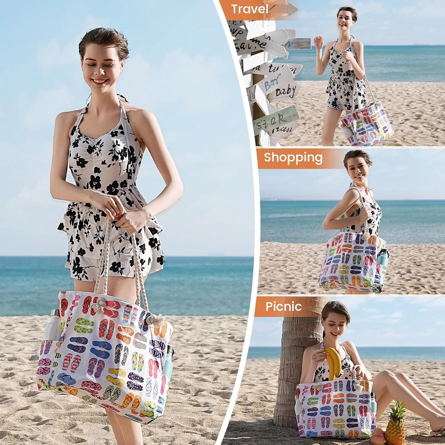 Clothirily Beach Bag for Women - Large Beach Tote Bag, Waterproof Sandproof Beach Bag with Zipper, Large Swim Pool Beach Tote