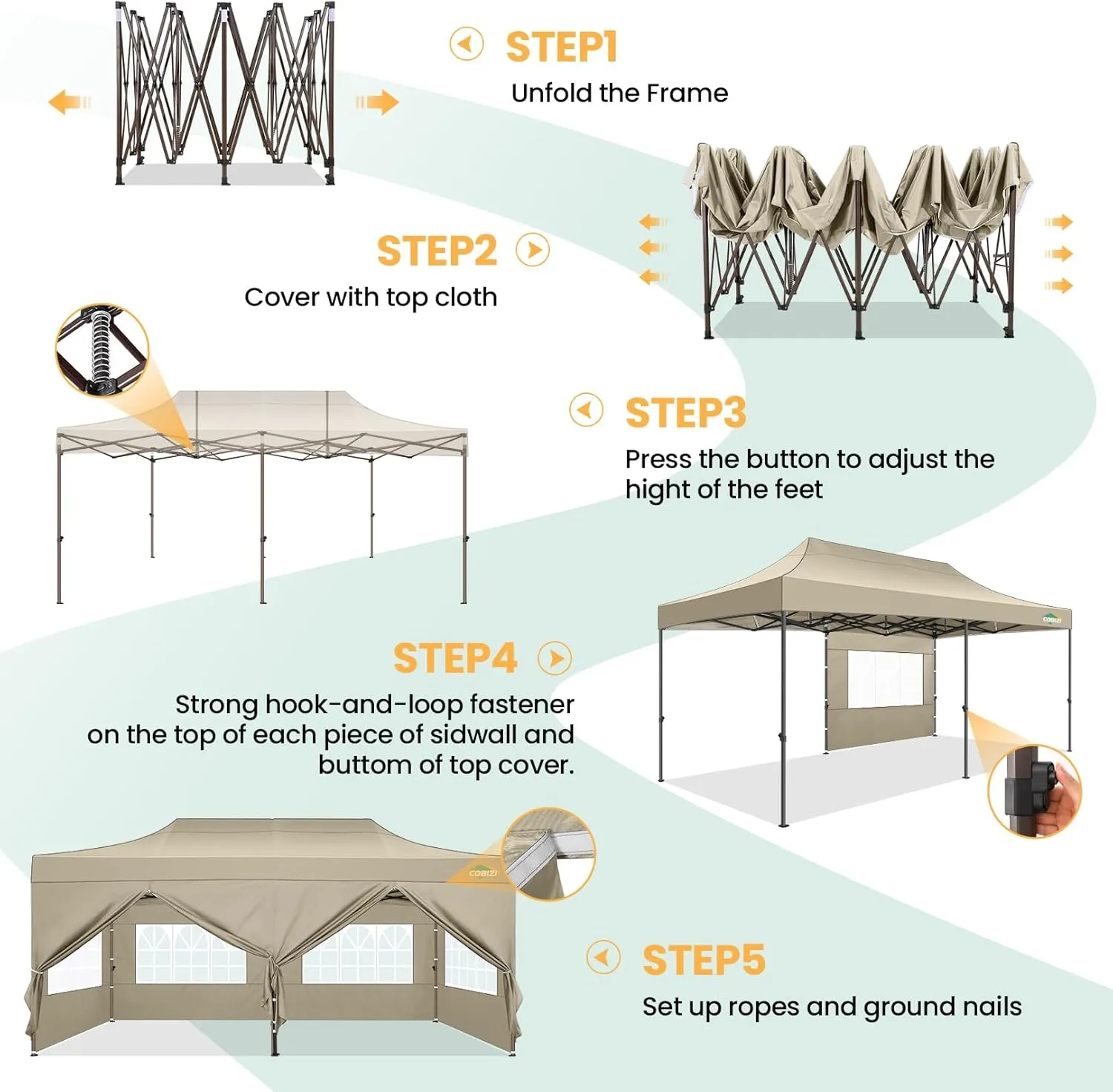 COBIZI 10x20 Pop Up Heavy Duty Canopy with 6 Sidewalls and Hexagonal Legs, Easy up Tent for Party, Wedding and Commercial, Outdoor Canopy with Roller Bag, Sand Bags, Waterproof & UPF50  (Khaki)