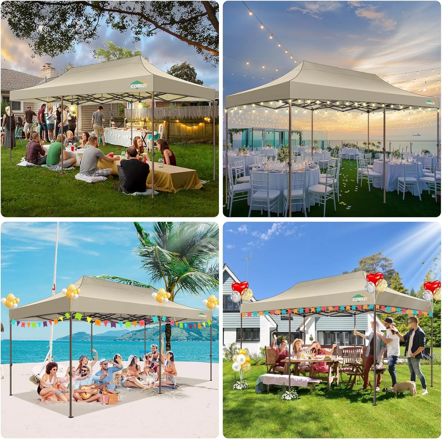 COBIZI 10x20 Pop Up Heavy Duty Canopy with 6 Sidewalls and Hexagonal Legs, Easy up Tent for Party, Wedding and Commercial, Outdoor Canopy with Roller Bag, Sand Bags, Waterproof & UPF50  (Khaki)
