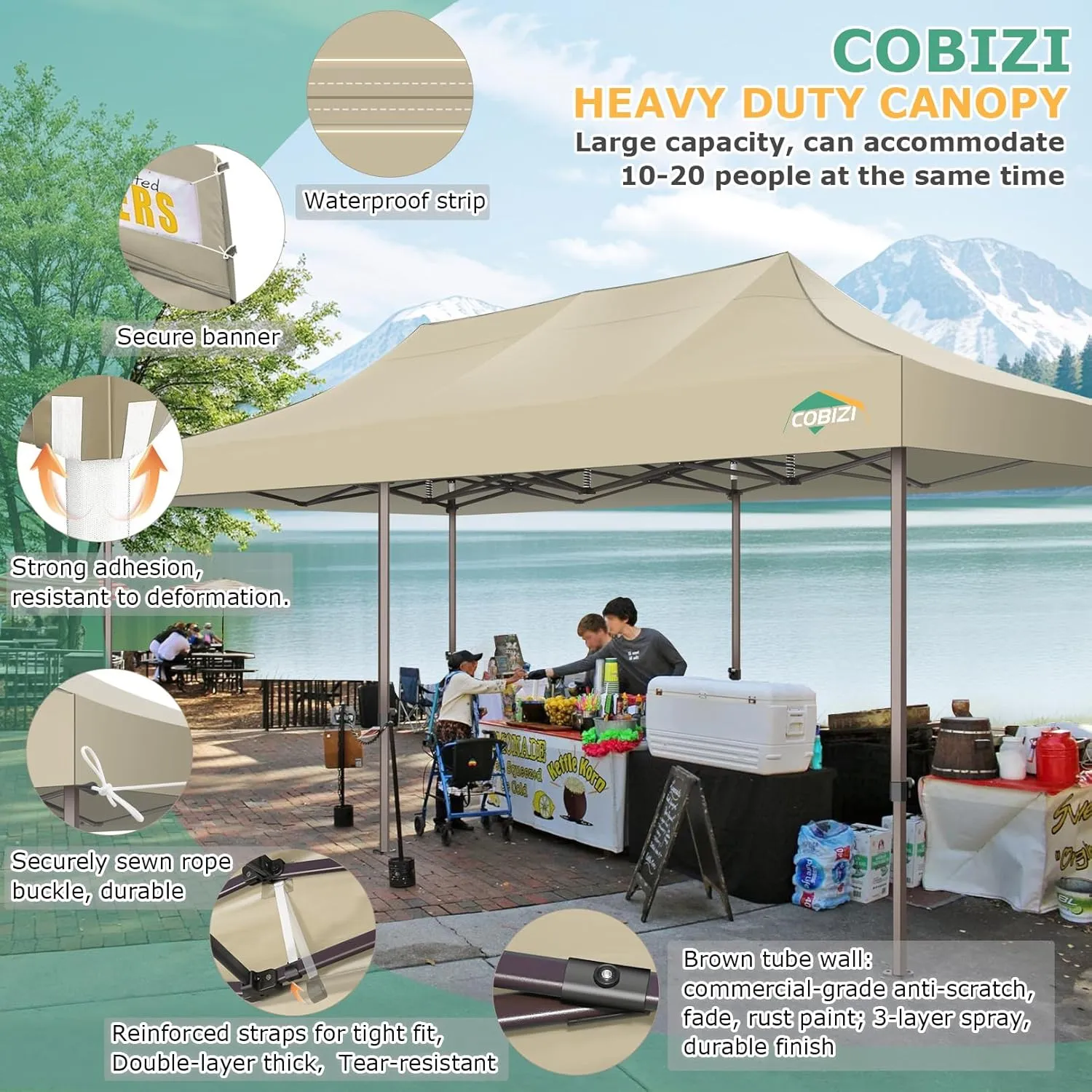 COBIZI 10x20 Pop Up Heavy Duty Canopy with 6 Sidewalls and Hexagonal Legs, Easy up Tent for Party, Wedding and Commercial, Outdoor Canopy with Roller Bag, Sand Bags, Waterproof & UPF50  (Khaki)