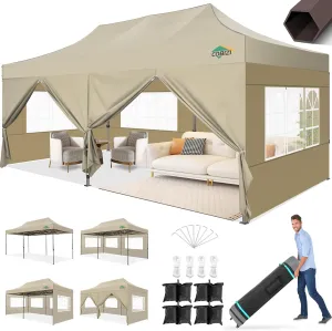 COBIZI 10x20 Pop Up Heavy Duty Canopy with 6 Sidewalls and Hexagonal Legs, Easy up Tent for Party, Wedding and Commercial, Outdoor Canopy with Roller Bag, Sand Bags, Waterproof & UPF50  (Khaki)
