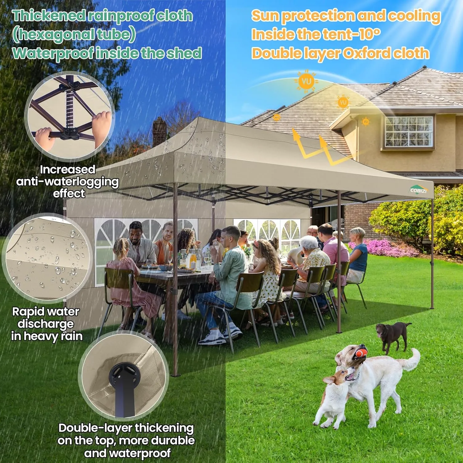 COBIZI 10x20 Pop Up Heavy Duty Canopy with 6 Sidewalls and Hexagonal Legs, Easy up Tent for Party, Wedding and Commercial, Outdoor Canopy with Roller Bag, Sand Bags, Waterproof & UPF50  (Khaki)