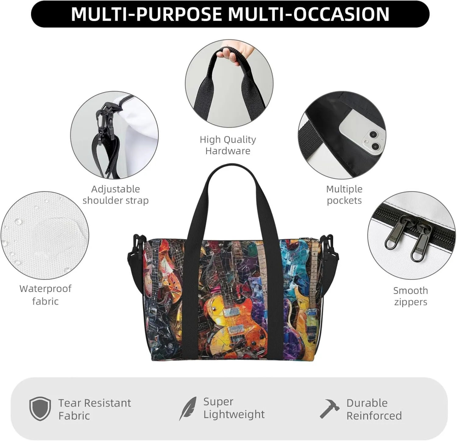 collage of guitars print Travel Duffel Bag, Sports Tote Gym Bag, Swim Pool Bag Large Shoulder Tote Bag for Beach Weekender