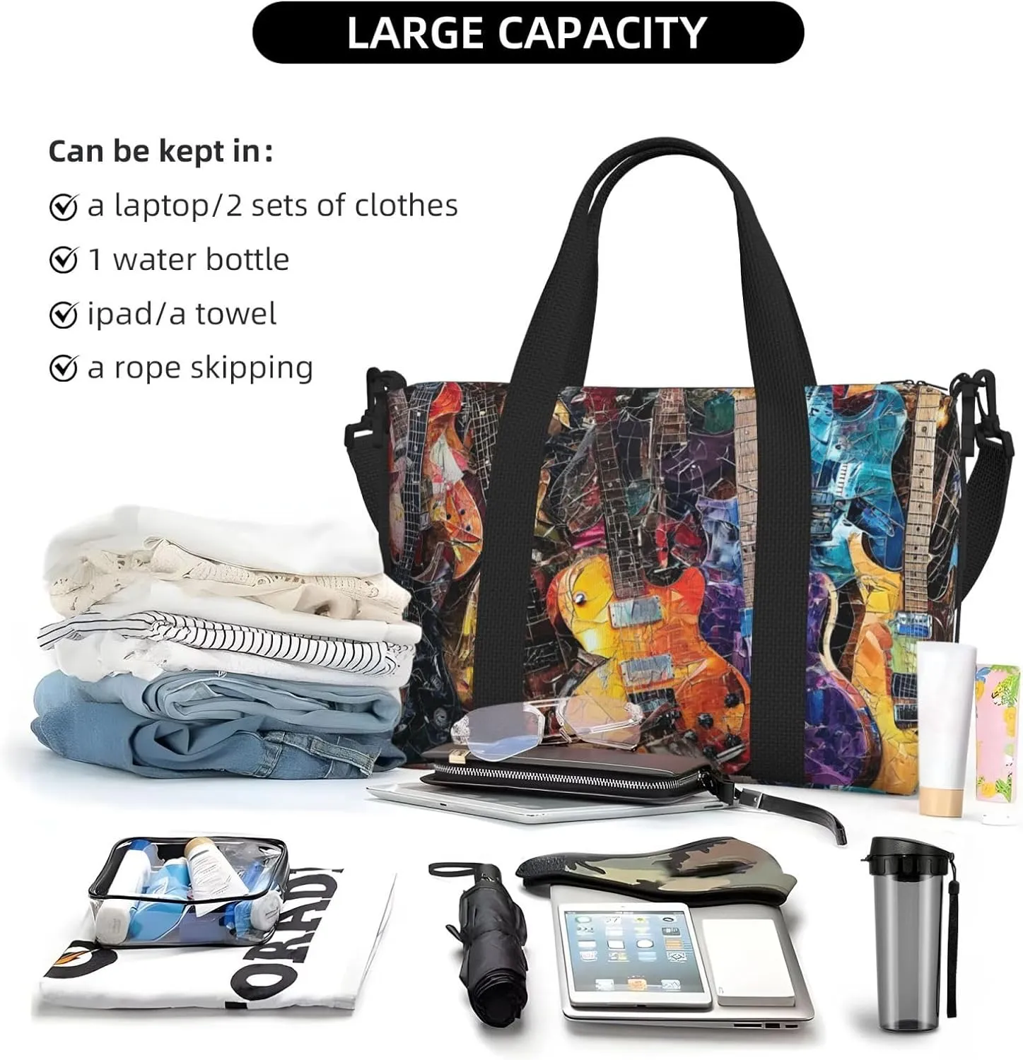 collage of guitars print Travel Duffel Bag, Sports Tote Gym Bag, Swim Pool Bag Large Shoulder Tote Bag for Beach Weekender