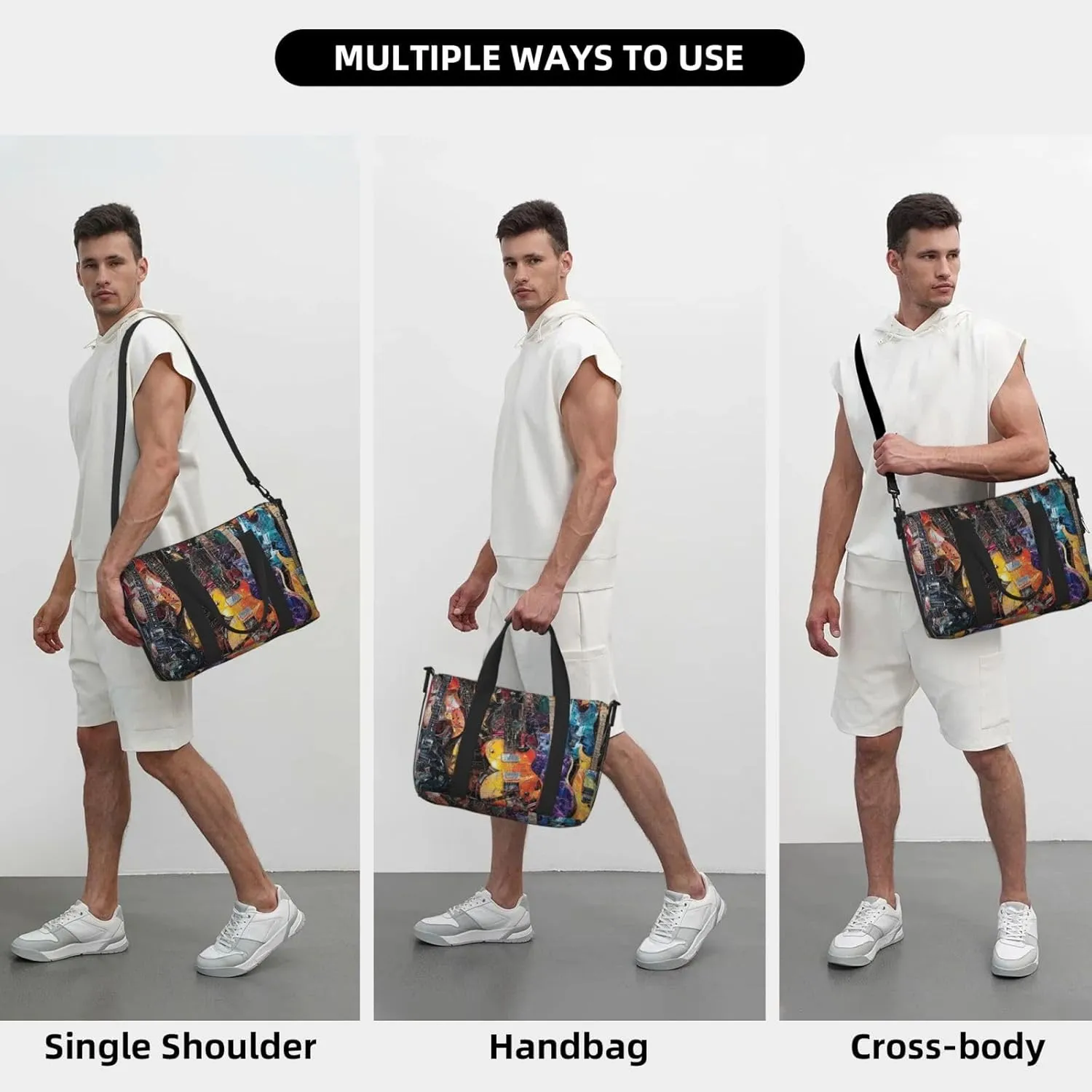collage of guitars print Travel Duffel Bag, Sports Tote Gym Bag, Swim Pool Bag Large Shoulder Tote Bag for Beach Weekender