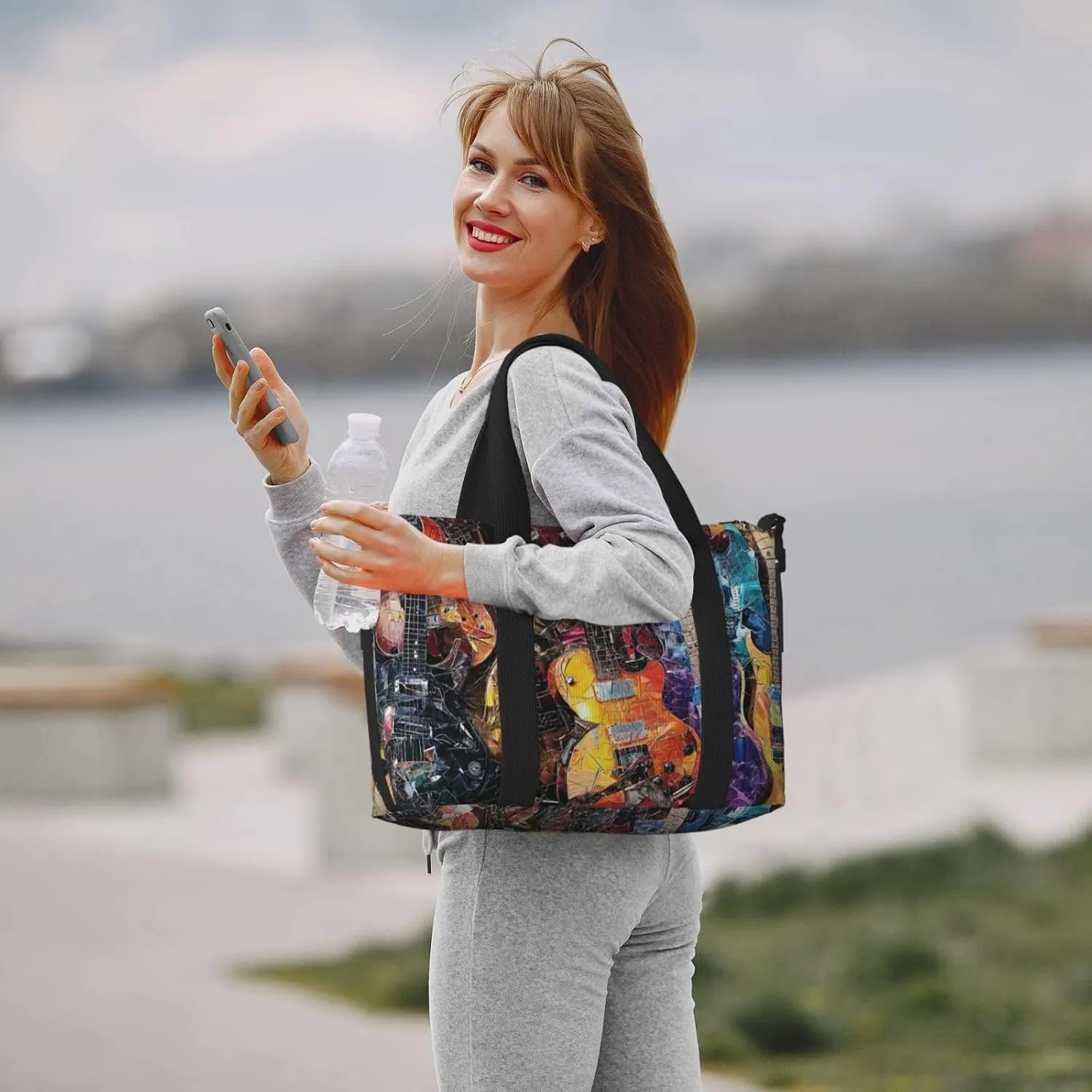 collage of guitars print Travel Duffel Bag, Sports Tote Gym Bag, Swim Pool Bag Large Shoulder Tote Bag for Beach Weekender