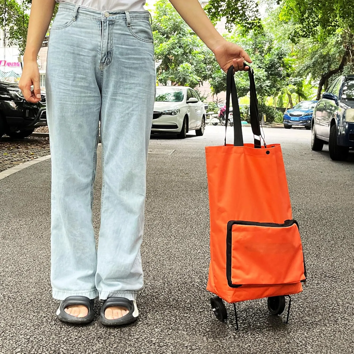 Collapsible Shopping Cart,Folding Lightweight Portable Collapsible Bag with Wheels, Lightweight Waterproof Rolling, Trolley Tote Stair Climbing Cart for Traveling(Orange)