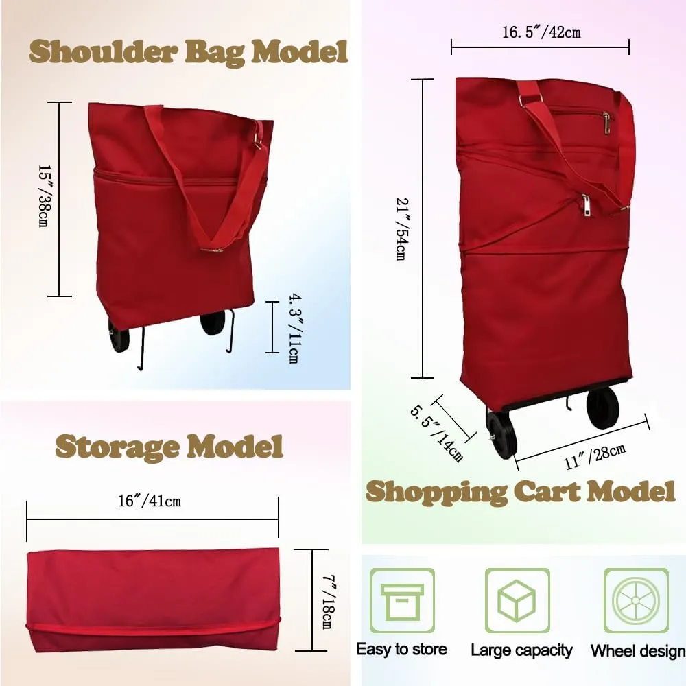 Collapsible Shopping Grocery Bag With Wheels Rolling Tote Bag With Wheels Large Reusable Foldable Shopping Cart(Red,X-Large)