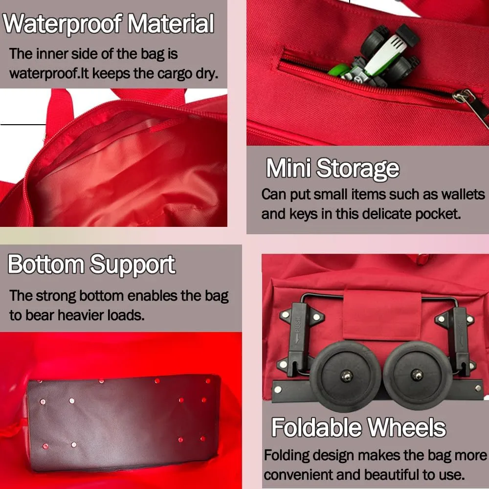 Collapsible Shopping Grocery Bag With Wheels Rolling Tote Bag With Wheels Large Reusable Foldable Shopping Cart(Red,X-Large)