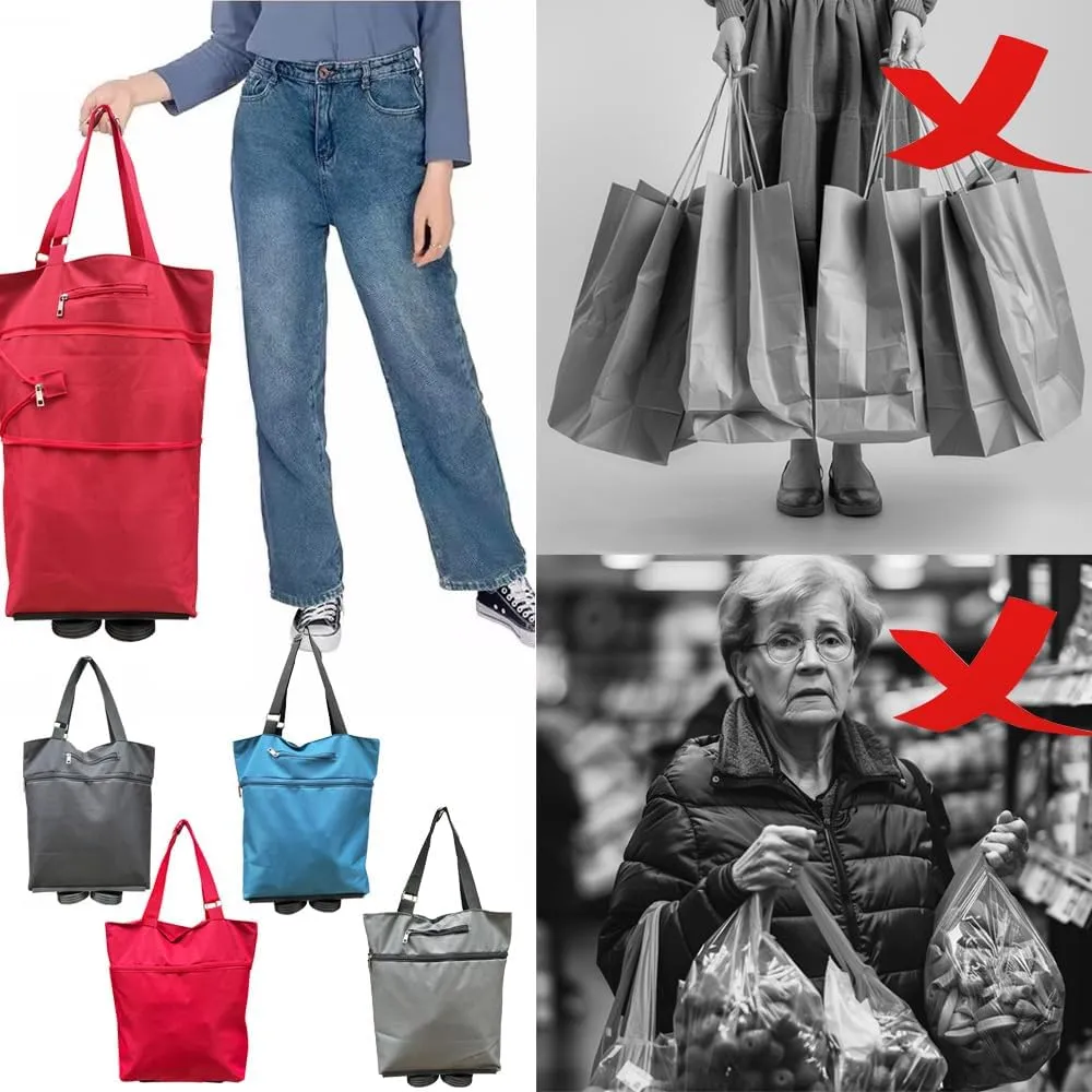 Collapsible Shopping Grocery Bag With Wheels Rolling Tote Bag With Wheels Large Reusable Foldable Shopping Cart(Red,X-Large)