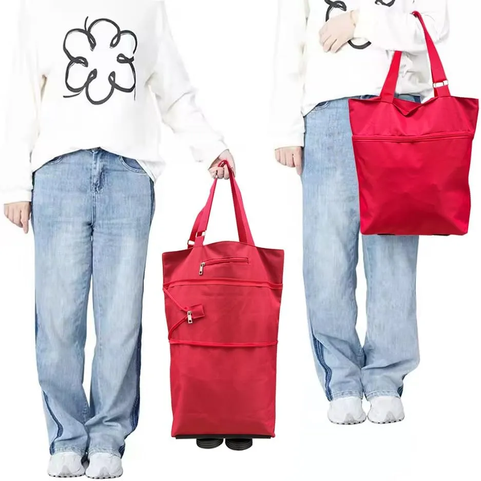 Collapsible Shopping Grocery Bag With Wheels Rolling Tote Bag With Wheels Large Reusable Foldable Shopping Cart(Red,X-Large)