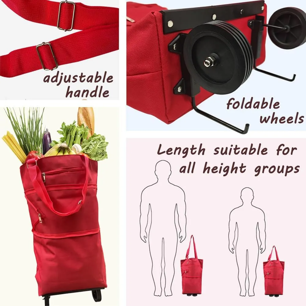 Collapsible Shopping Grocery Bag With Wheels Rolling Tote Bag With Wheels Large Reusable Foldable Shopping Cart(Red,X-Large)