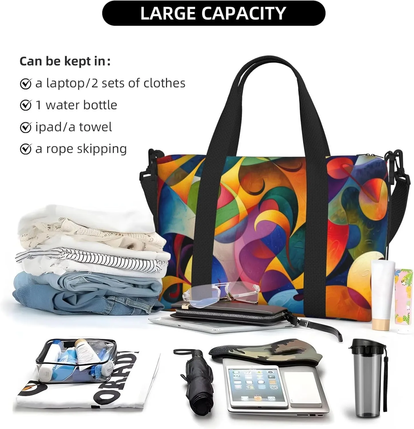 colorful abstract print Travel Duffel Bag, Sports Tote Gym Bag, Swim Pool Bag Large Shoulder Tote Bag for Beach Weekender