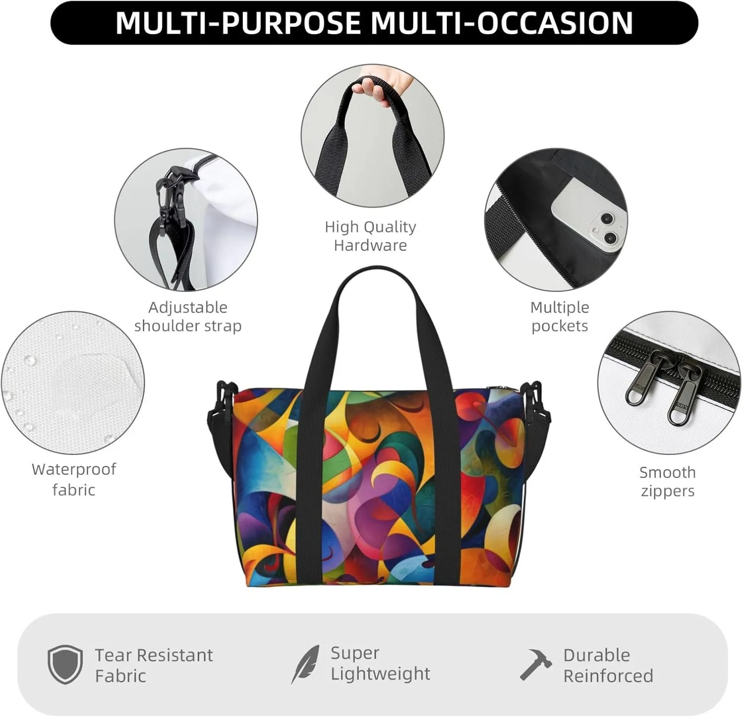 colorful abstract print Travel Duffel Bag, Sports Tote Gym Bag, Swim Pool Bag Large Shoulder Tote Bag for Beach Weekender