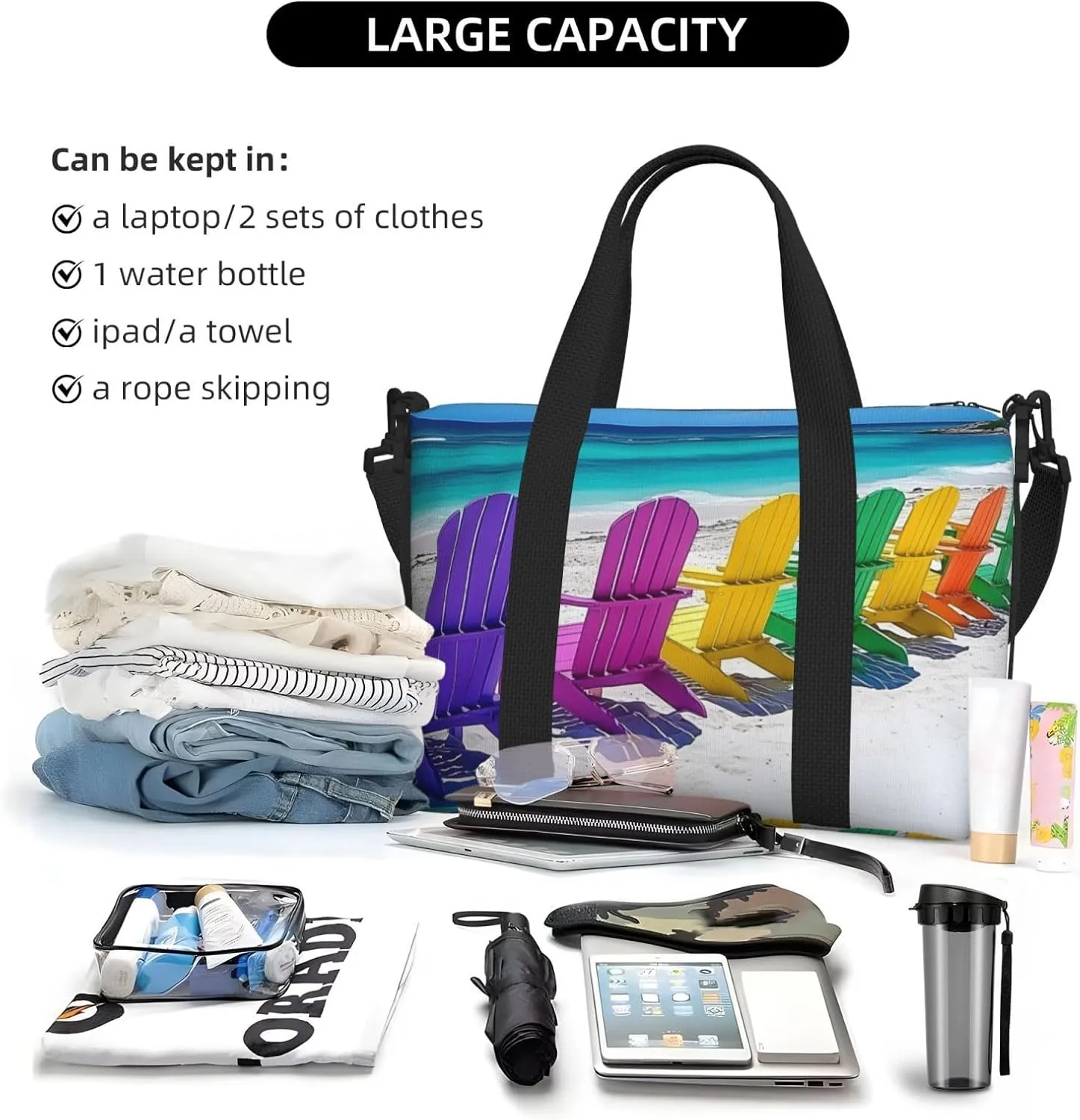 colorful beach chairs print Travel Duffel Bag, Sports Tote Gym Bag, Swim Pool Bag Large Shoulder Tote Bag for Beach Weekender