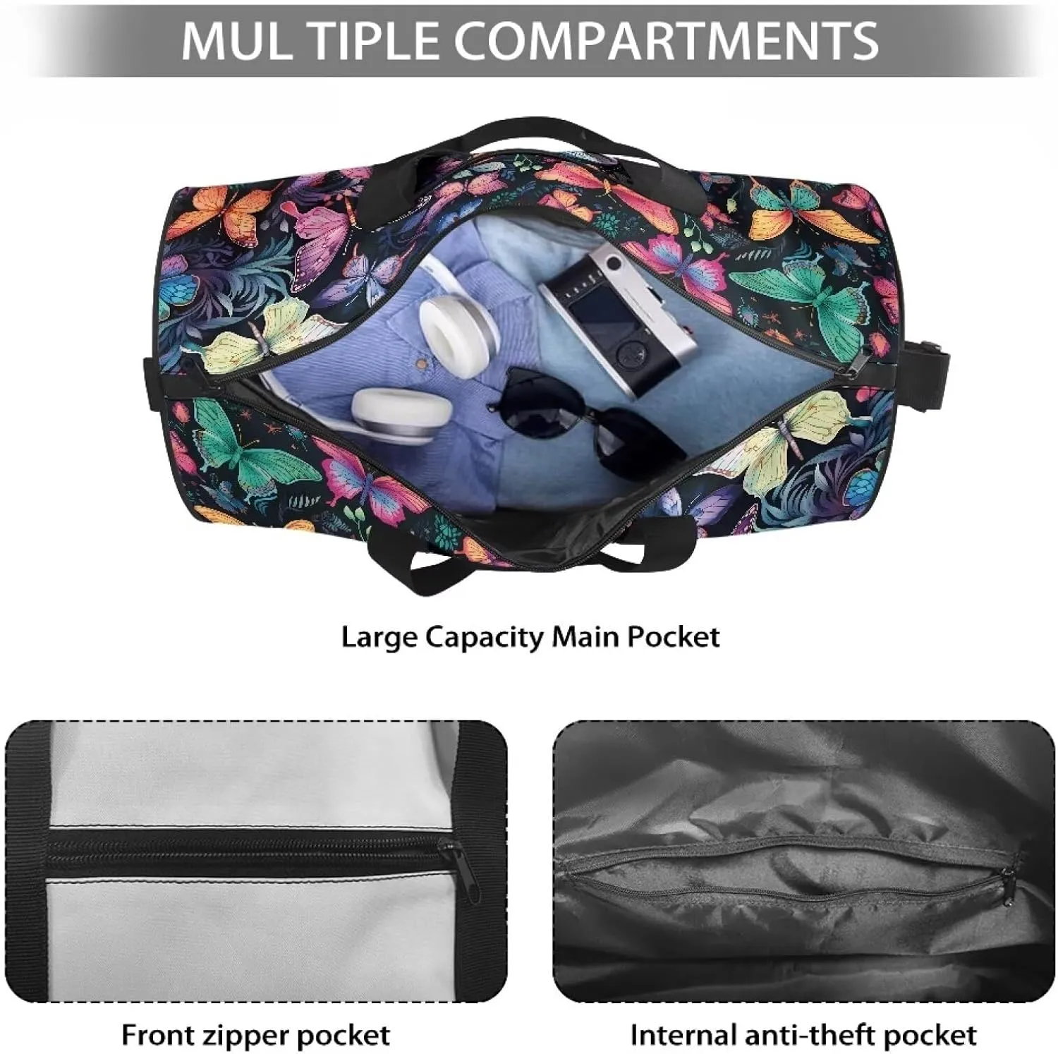 Colorful Butterfly Duffel Bag for Women Weekender Overnight Bag Multifunctional Garment Bag with Inner Pocket Hospital Bag for Labor and Delivery Foldable Travel Duffel Bag