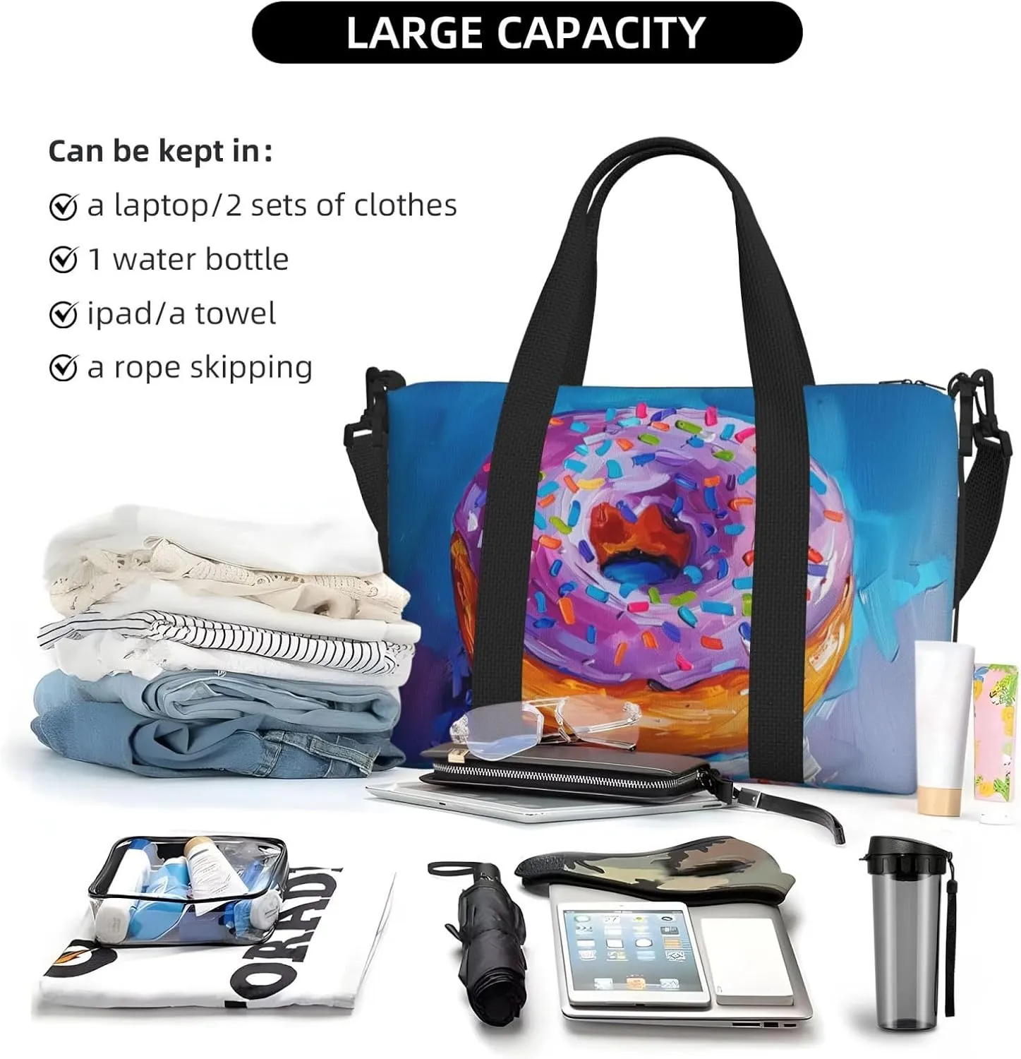 colorful doughnut print Travel Duffel Bag, Sports Tote Gym Bag, Swim Pool Bag Large Shoulder Tote Bag for Beach Weekender