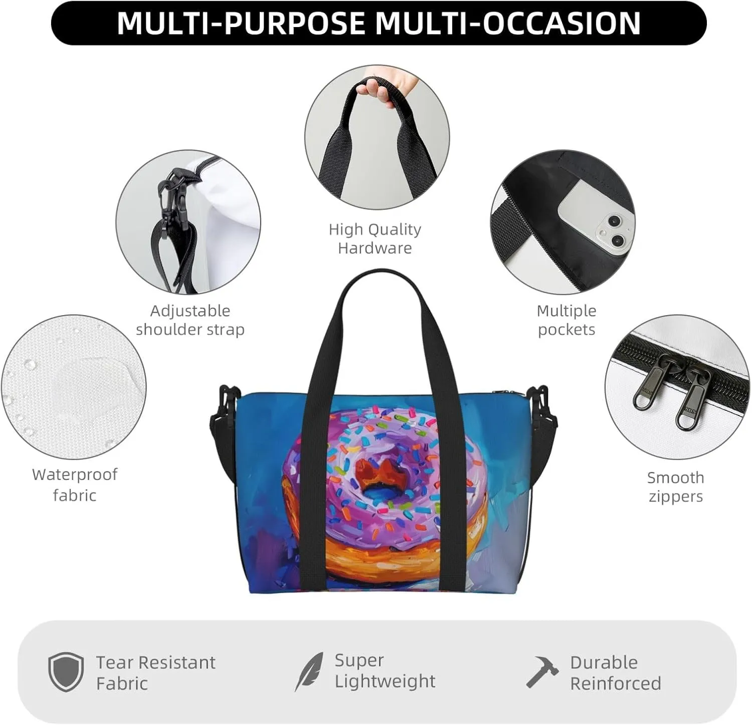 colorful doughnut print Travel Duffel Bag, Sports Tote Gym Bag, Swim Pool Bag Large Shoulder Tote Bag for Beach Weekender