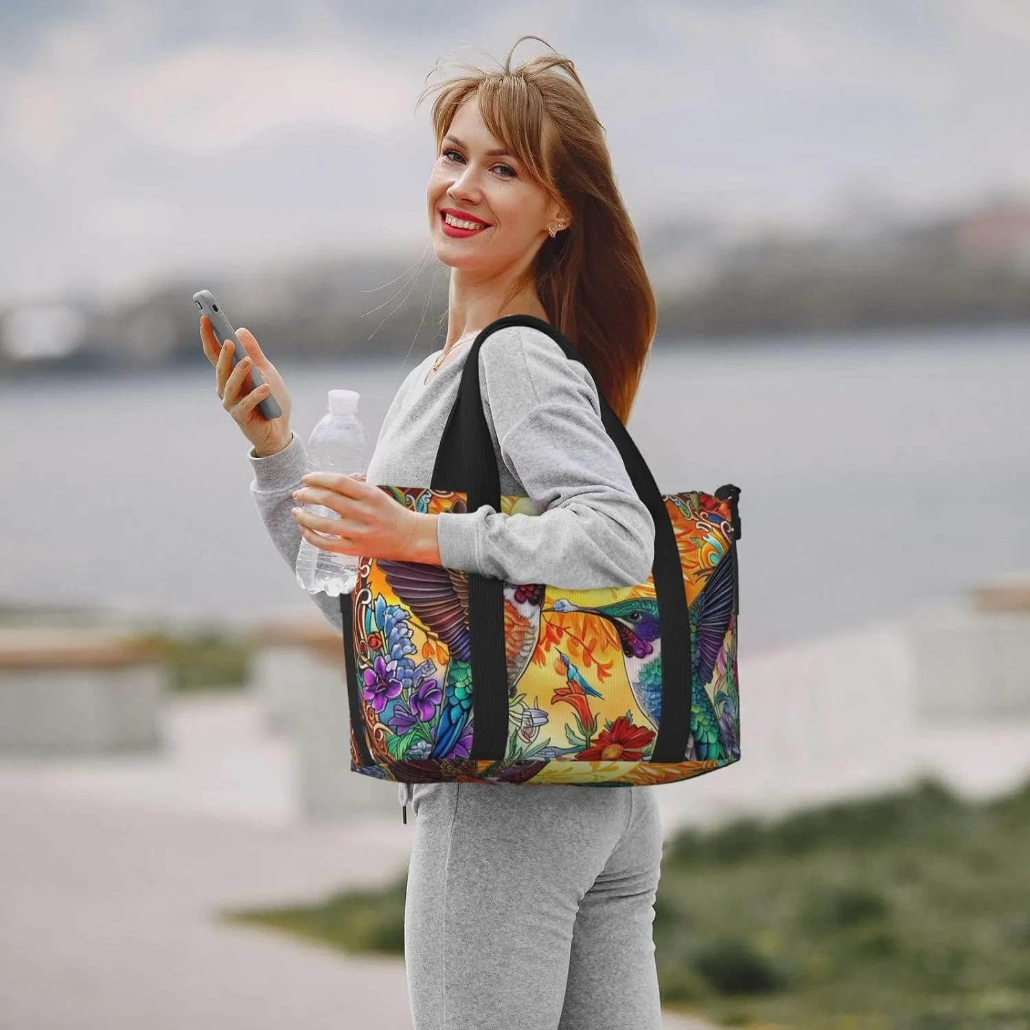 colorful two hummingbirds print Travel Duffel Bag, Sports Tote Gym Bag, Swim Pool Bag Large Shoulder Tote Bag for Beach Weekender