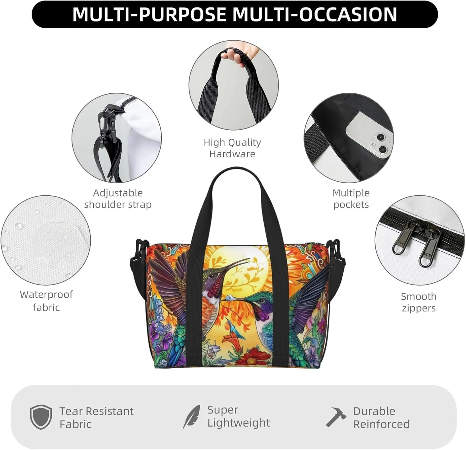 colorful two hummingbirds print Travel Duffel Bag, Sports Tote Gym Bag, Swim Pool Bag Large Shoulder Tote Bag for Beach Weekender