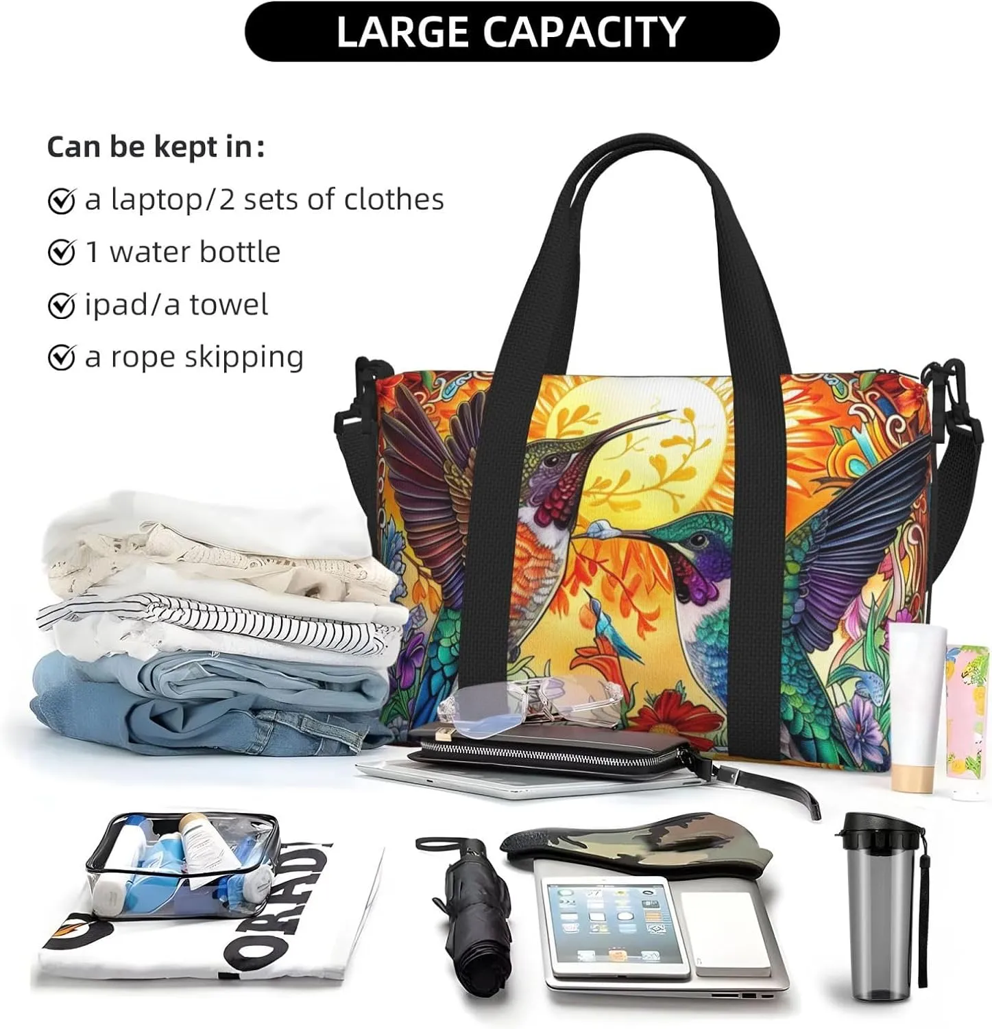 colorful two hummingbirds print Travel Duffel Bag, Sports Tote Gym Bag, Swim Pool Bag Large Shoulder Tote Bag for Beach Weekender