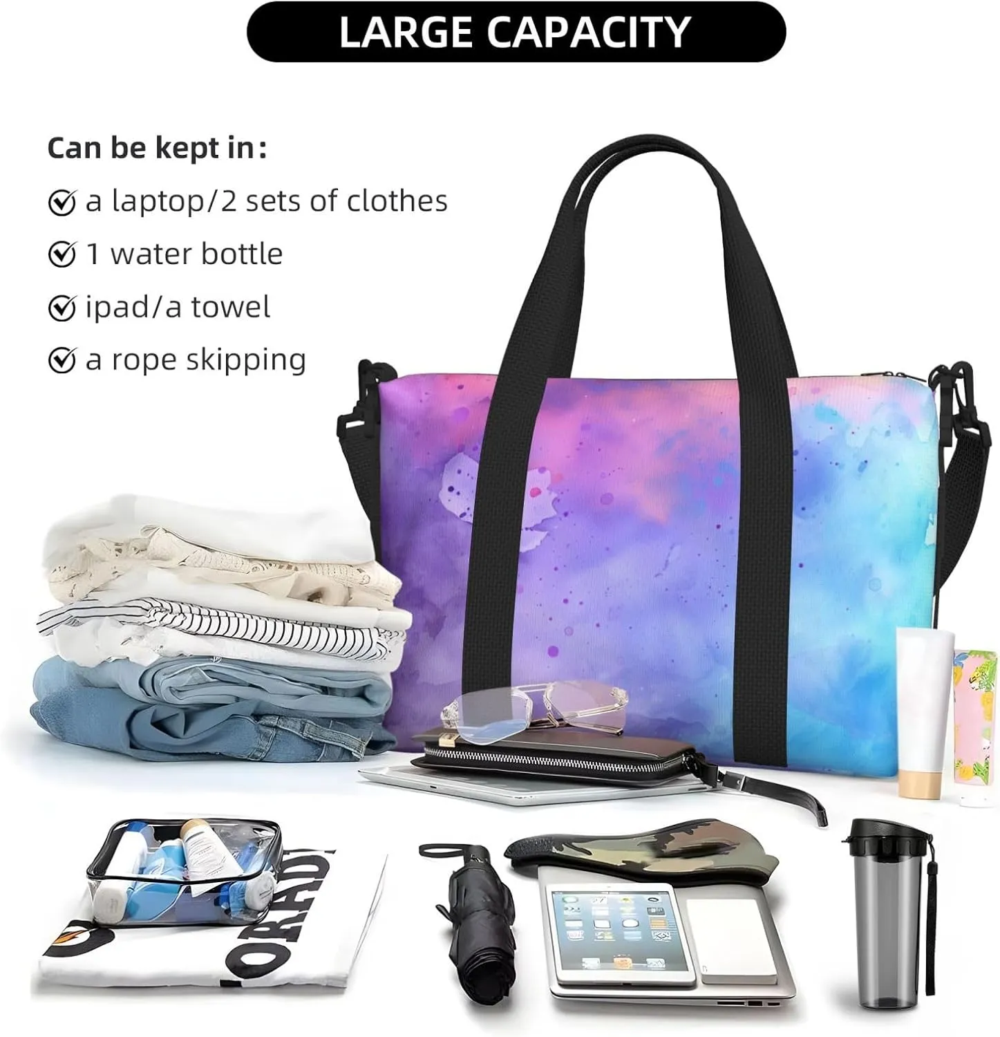 colorful watercolor print Travel Duffel Bag, Sports Tote Gym Bag, Swim Pool Bag Large Shoulder Tote Bag for Beach Weekender