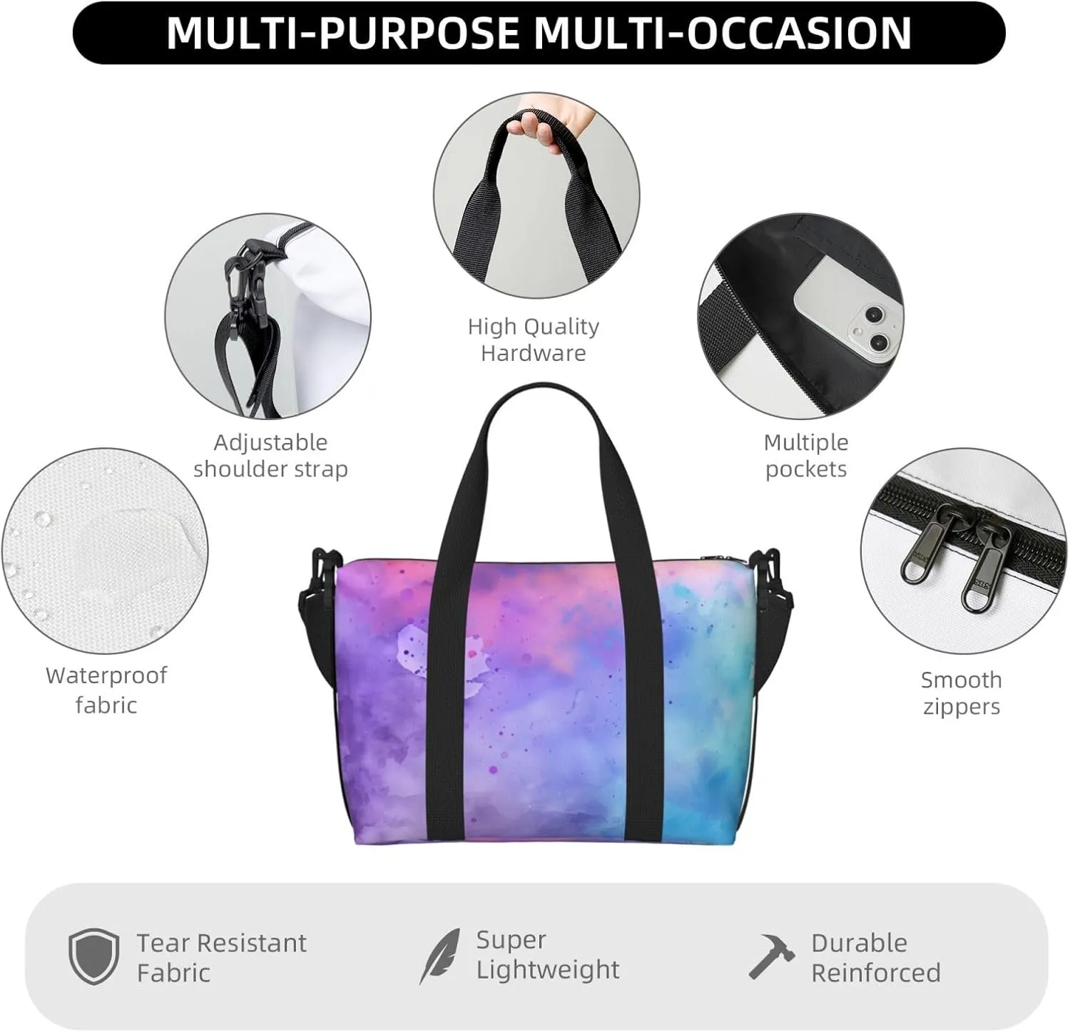 colorful watercolor print Travel Duffel Bag, Sports Tote Gym Bag, Swim Pool Bag Large Shoulder Tote Bag for Beach Weekender