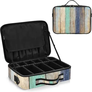 Colorful Wooden Plank Vintage Hardwood Concept Women's Portable Makeup Bag with Handle, Cosmetic Bag, Adjustable Dividers, Travel Cosmetic Toiletry Storage Organizer for women