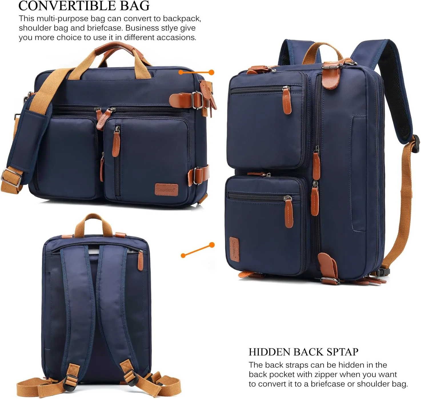 Convertible Backpack Messenger Shoulder Bag Laptop Case Handbag Business Briefcase Multi-Functional Travel Rucksack Fits 15.6 Inch Laptop for Men/Women (Blue)