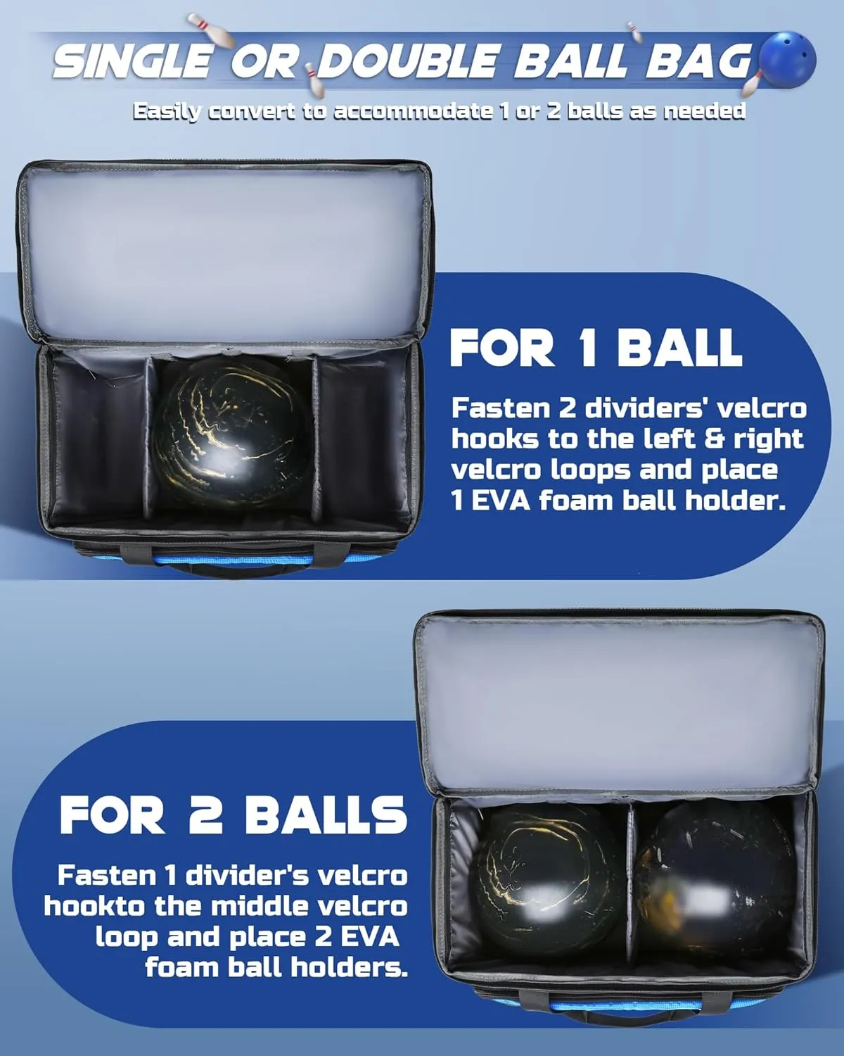 Convertible Bowling Bag with Wheels - Roller Bag for 1 or 2 Balls - EVA Foam Ball Cup - Rolling Tote for Bowling Accessories - Gifts for Youth & Adults