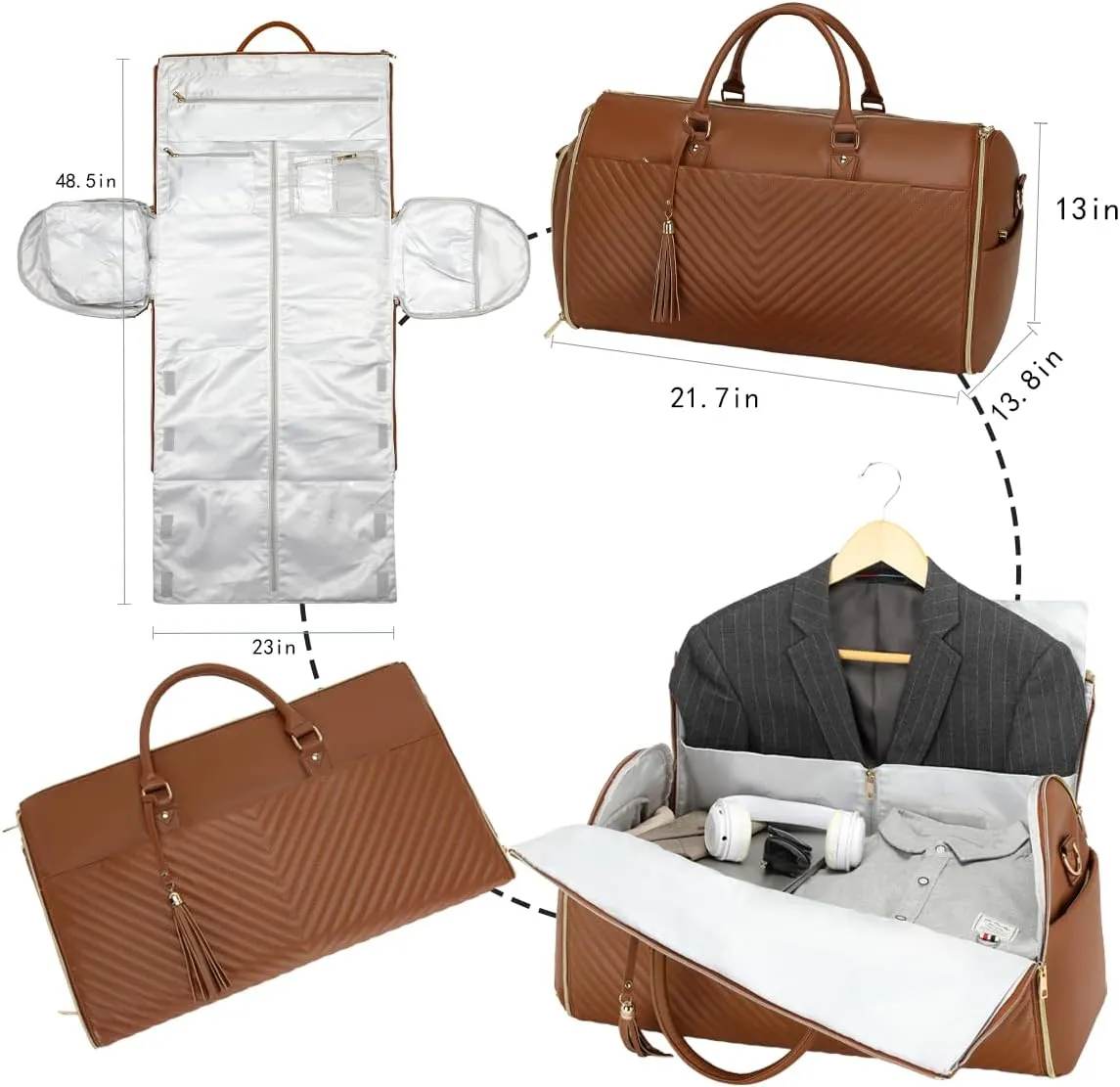 Convertible Carry On Garment Bag - Waterproof PVC Leather with Shoe & Cosmetic Compartments, 47" Wrinkle-Free Hanging System for Business Travel/Weddings, Extended Base Design (Brown)