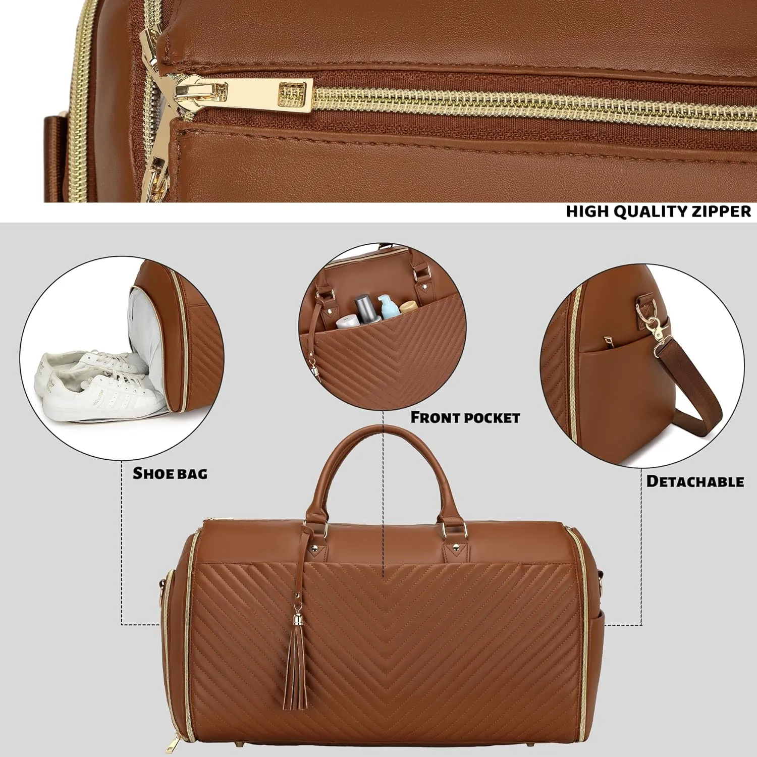 Convertible Carry On Garment Bag - Waterproof PVC Leather with Shoe & Cosmetic Compartments, 47" Wrinkle-Free Hanging System for Business Travel/Weddings, Extended Base Design (Brown)