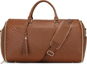 Convertible Carry On Garment Bag - Waterproof PVC Leather with Shoe & Cosmetic Compartments, 47" Wrinkle-Free Hanging System for Business Travel/Weddings, Extended Base Design (Brown)
