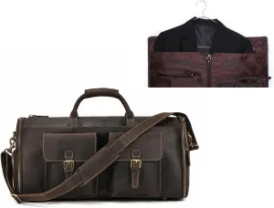 Convertible Garment Bag with Shoes Compartment Full Grain Leather Carry on Duffle Bag for Men Women Hanging Weekender Business Suitcase for Travel Suit Coffee