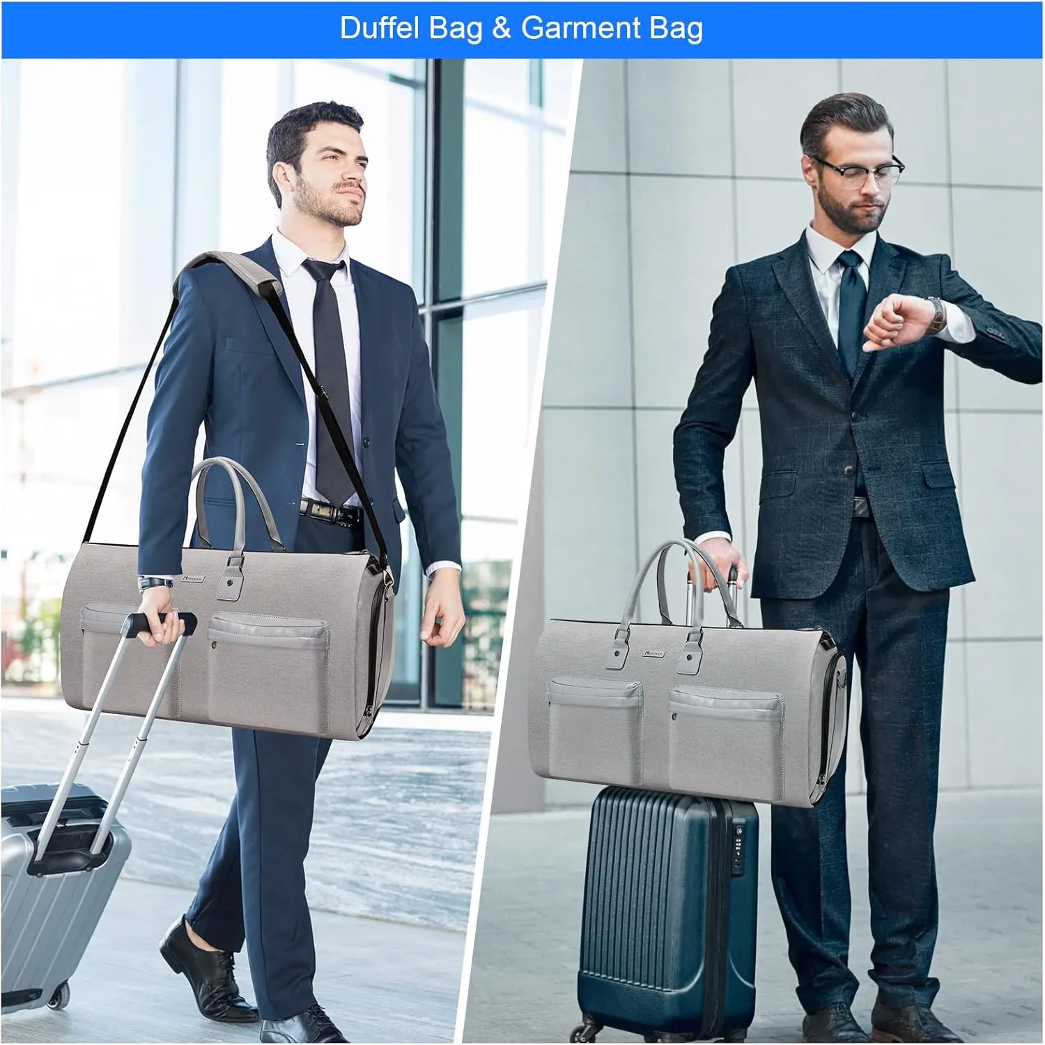 Convertible Garment Bag with Toiletry Bag, Modoker Carry on Garment Duffel Bag for Men Women - 2 in 1 Hanging Suitcase Suit Travel Bags, Light Grey